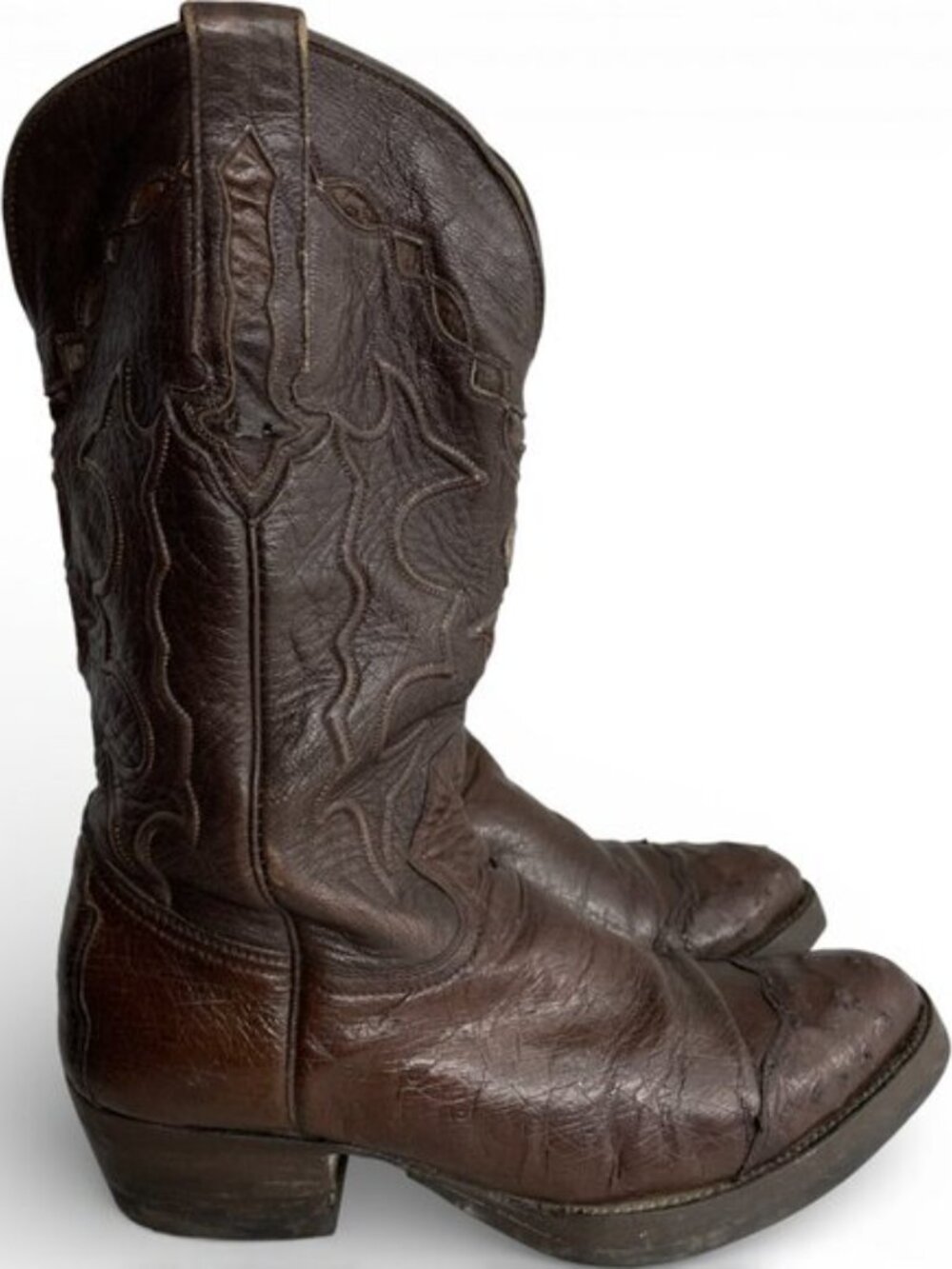 Montana Ostrich Leather Western Cowboy Brown Embroidered Boots Men's 7.5 E Wide
